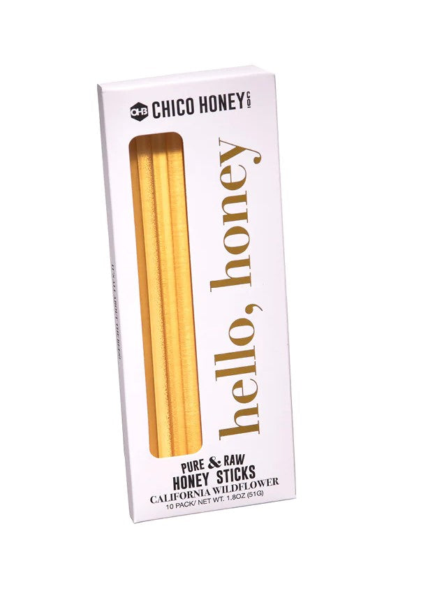 These California Wildflower 10 pack Honey Sticks are perfect for those on the go! Mellow and golden, this honey has a flavor that&#39;s complex but smooth. Fruit and floral overtones mingle with notes of fresh grass and sun-dried hay, layered over a sweetness that&#39;s rich but not overpowering. Pack of 10 honey sticks. 1.8oz