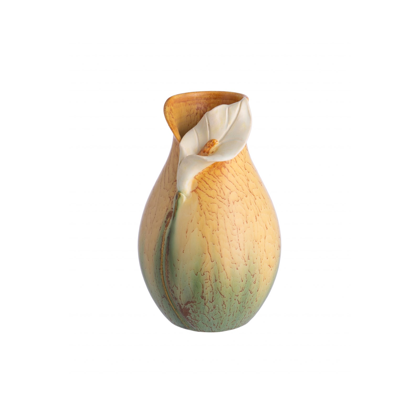 A handcrafted earthenware art pottery vase with a calla lily design, primarily in beige and green colors.