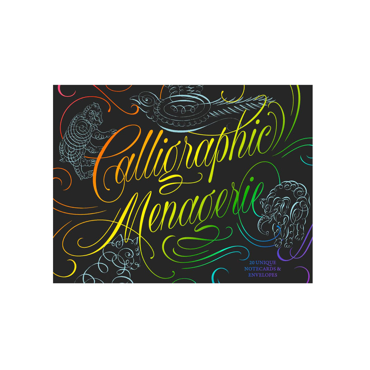 Box of notecards called &#39;Calligraphic Menagerie&#39; with colorful calligraphy on a black background