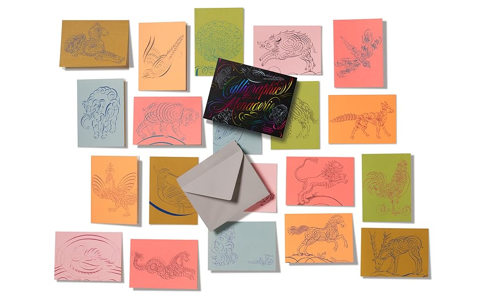 Box of notecards called 'Calligraphic Menagerie' with colorful calligraphy on a black background