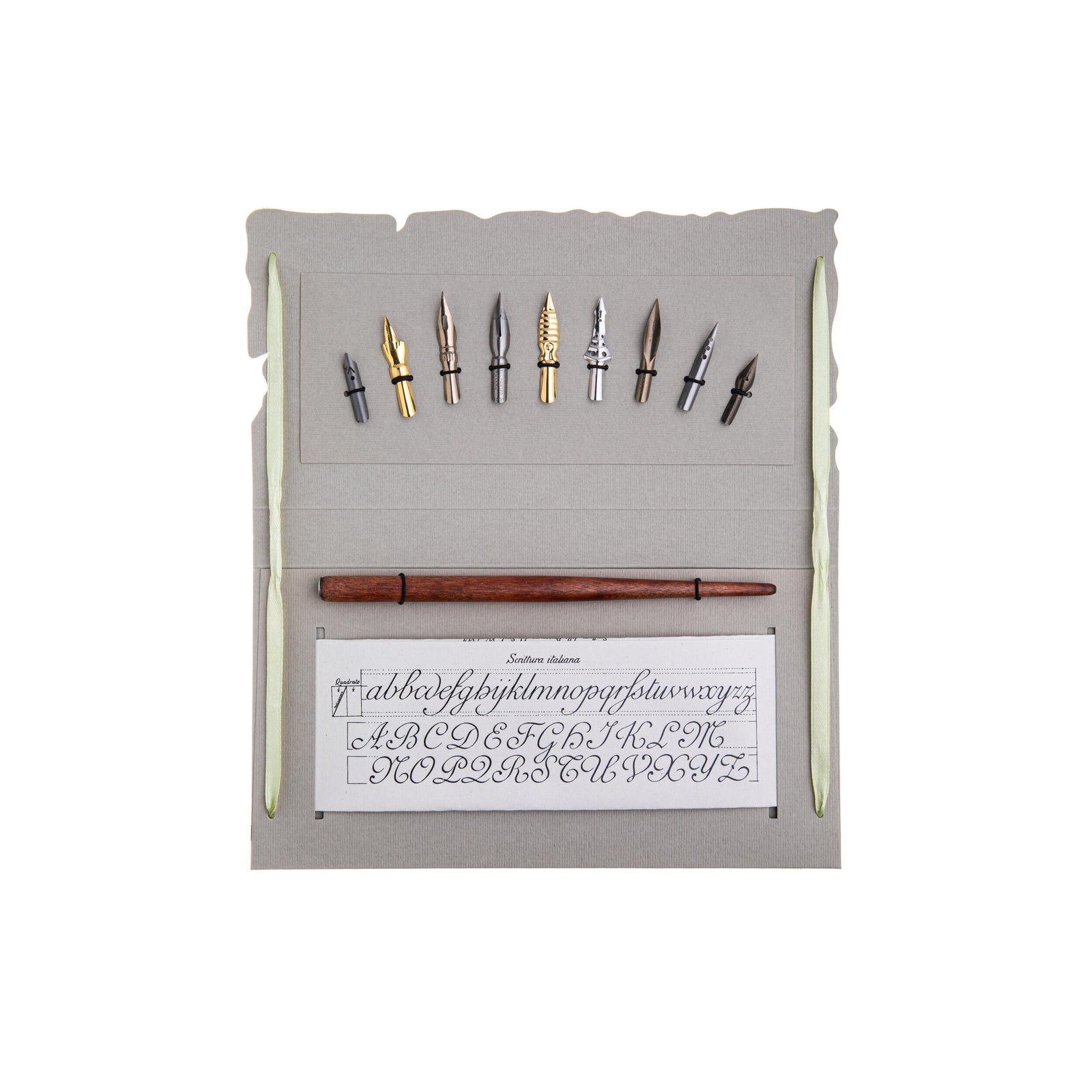 Set of calligraphy pens and nibs in a holder with a sample sheet on a white background