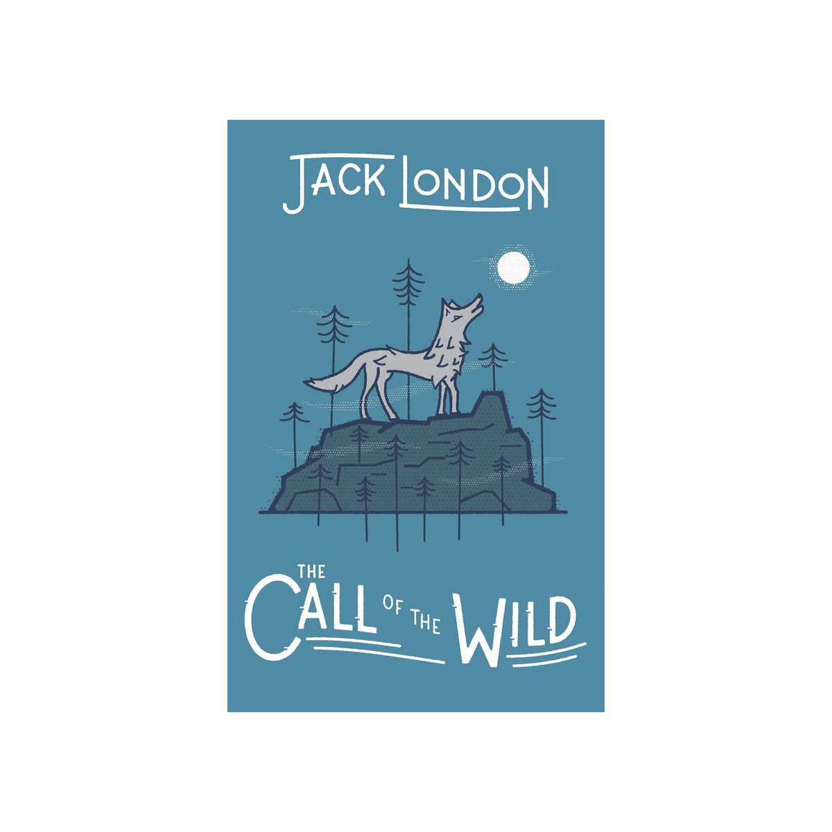 Book cover of 'The Call of the Wild' by Jack London with a wolf illustration on a blue background.
