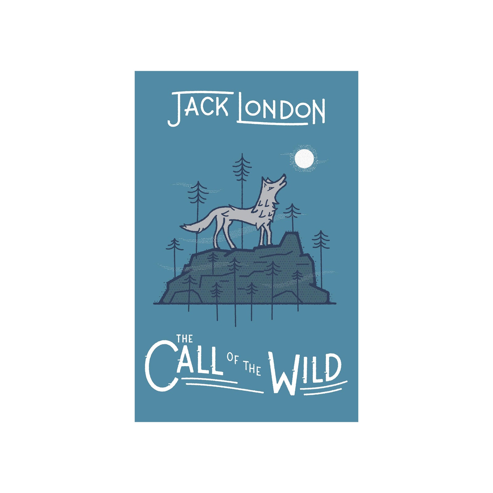 Book cover of 'The Call of the Wild' by Jack London with a wolf illustration on a blue background.