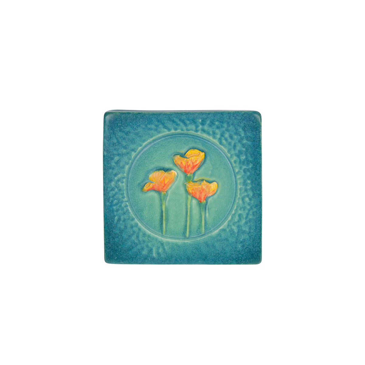 Square ceramic tile with floral California poppy design on a white background