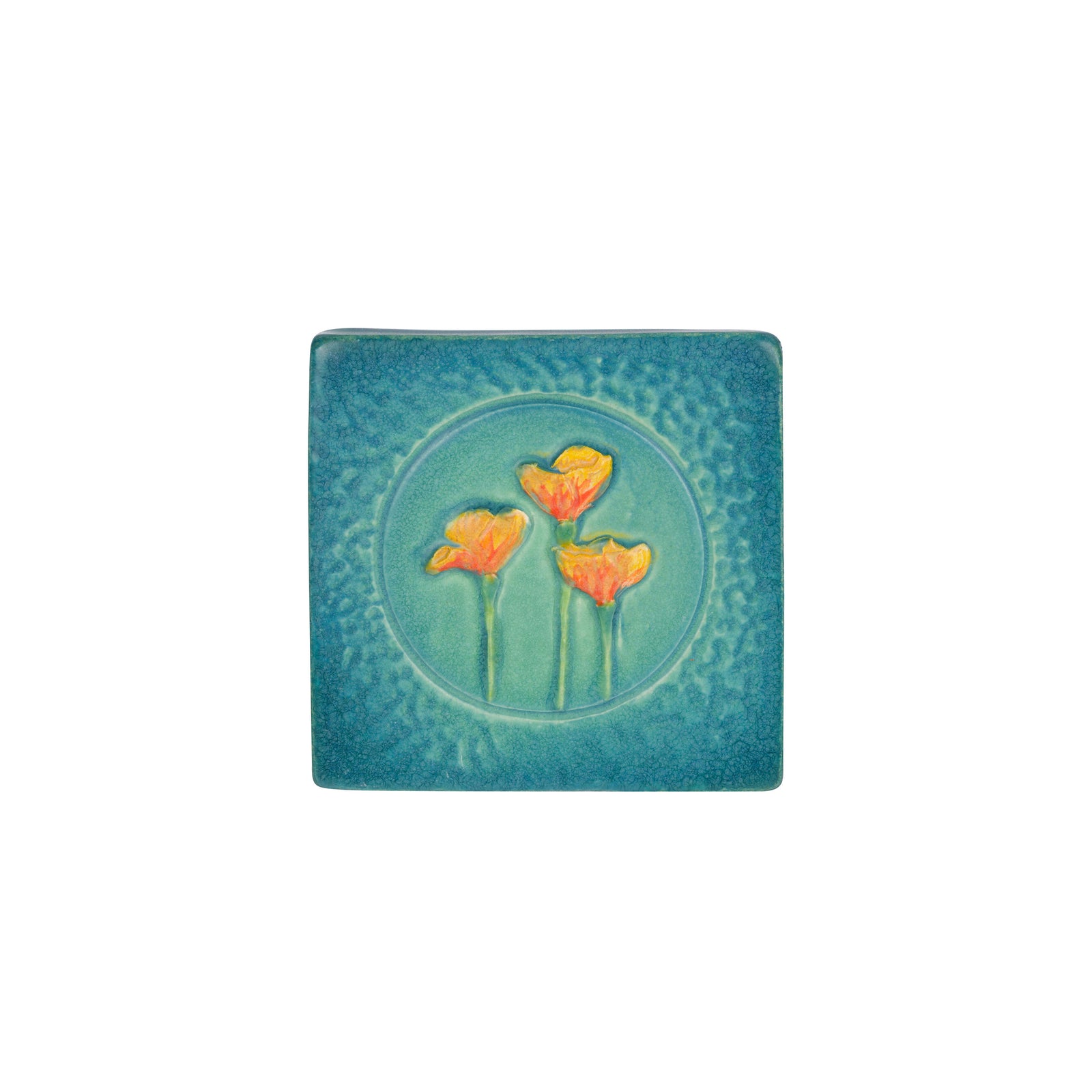 Square ceramic tile with floral California poppy design on a white background