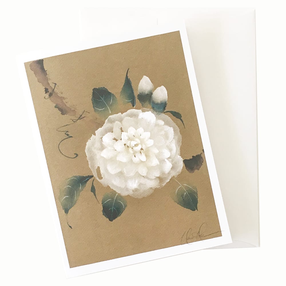 This frameable art card is taken from an original painting by local California artist, Nan Rae, and features one of the Huntington's own Camellia Japonica blooms. Printed onto high quality textured Mulberry paper Blank inside for your own message Envelope included Dimensions: 5" x 6.5".