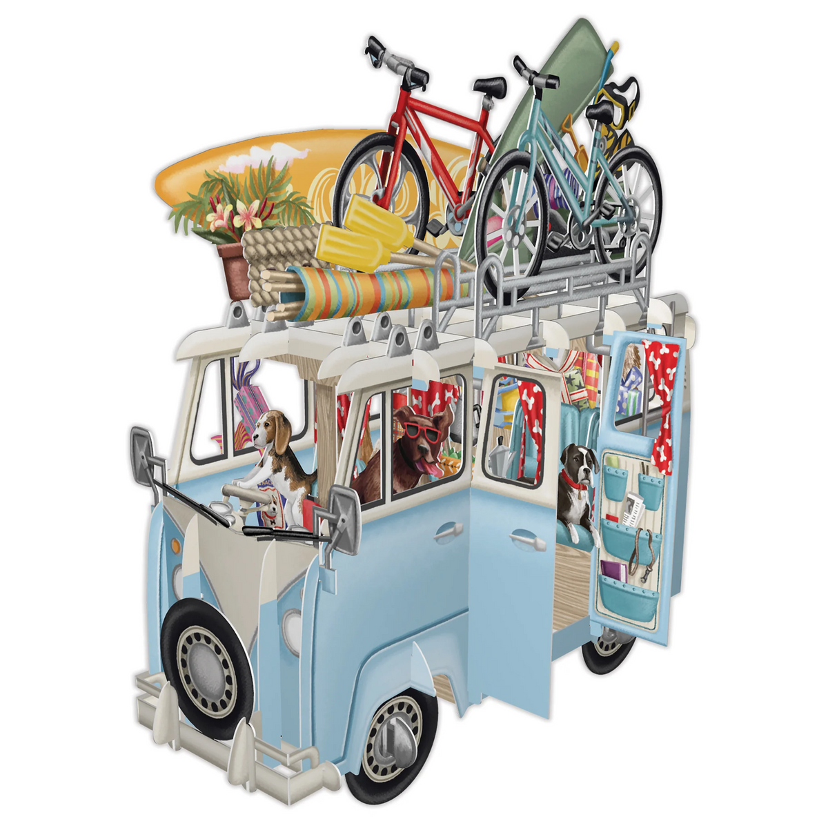 Send a holiday vibe to family and friends for any occasion with this wonderfully detailed, camper-van themed greetings card. Loaded with all the essentials for a memorable trip, we say buckle up and enjoy the ride. Includes a message tag for your own message and an envelope. Card size when folded flat: 6&quot; x 6&quot;.