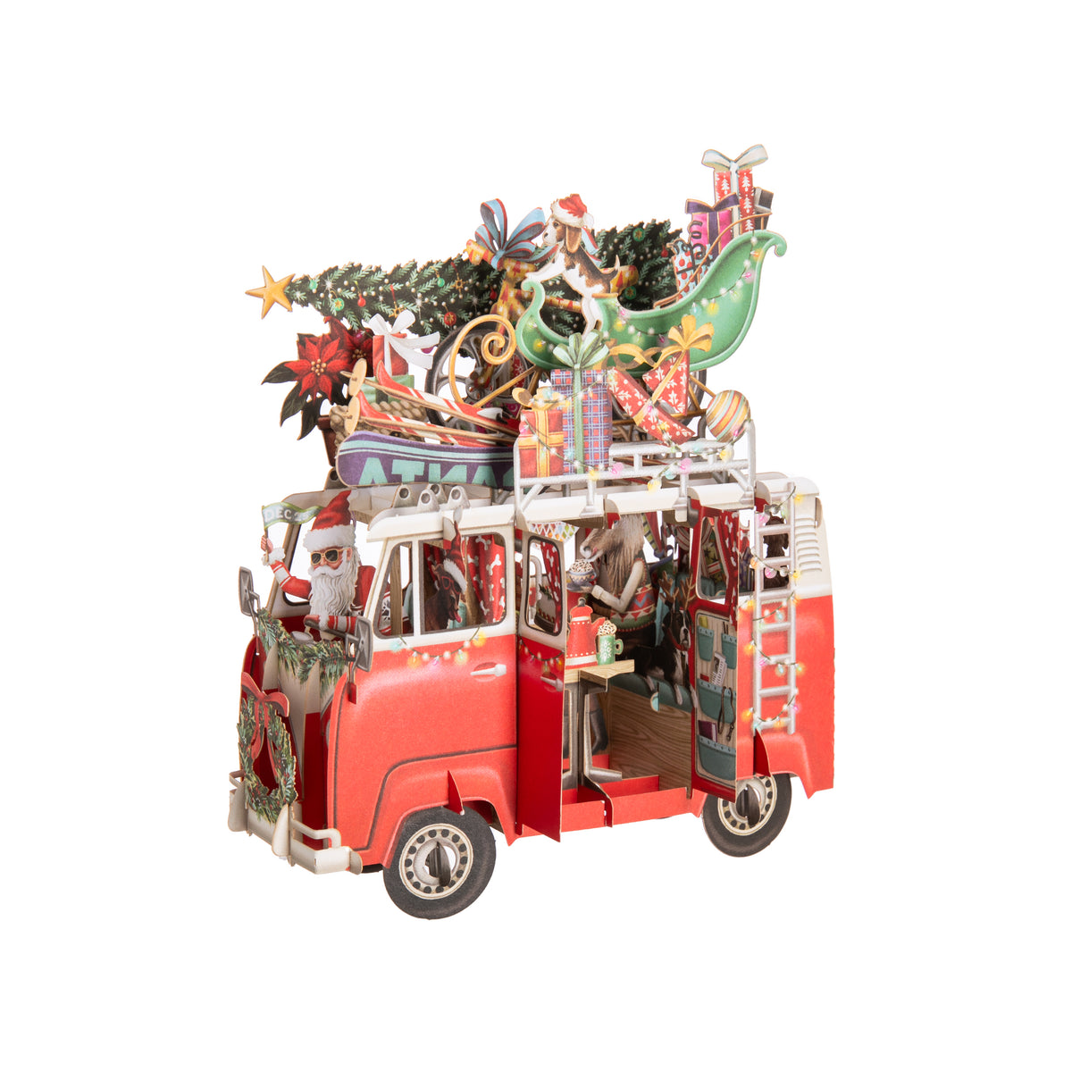 This 3D pop up card depicts a joyful and fanciful holiday scene in incredible detail. Makes a wonderful greeting, and a gorgeous holiday decor piece. Includes a coordinating gift tag. Easily folds flat for mailing or gift giving. Inside is blank for a personal message. Dimensions: 5-1/2" x 6-1/2 in.