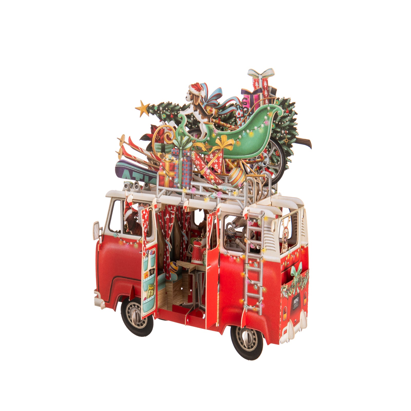 This 3D pop up card depicts a joyful and fanciful holiday scene in incredible detail. Makes a wonderful greeting, and a gorgeous holiday decor piece. Includes a coordinating gift tag. Easily folds flat for mailing or gift giving. Inside is blank for a personal message. Dimensions: 5-1/2" x 6-1/2 in.