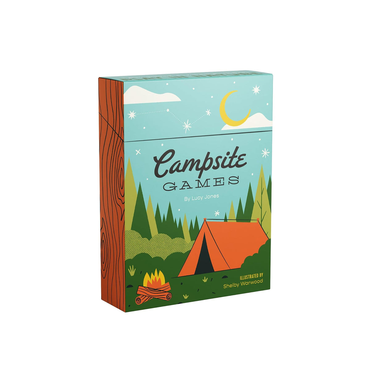 A boxed card game titled "Campsite Games" by Lucy Carroll, shown standing upright on a white background. The box features a illustrated campsite scene with a teal sky, yellow crescent moon, white clouds, green trees, an orange tent, and a brown wood-textured side panel.
