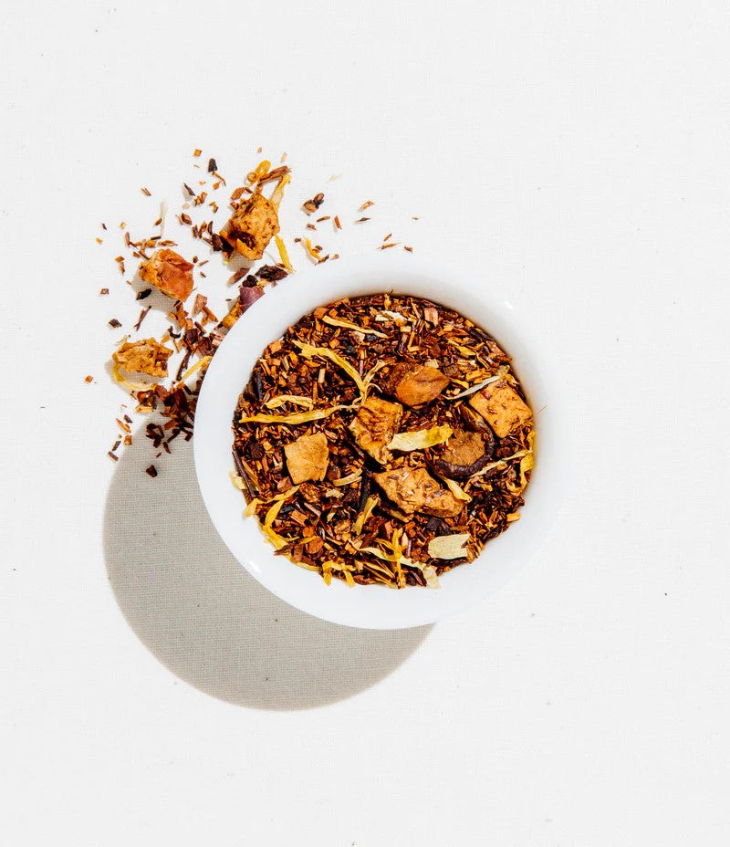 A delectable dessert infusion with sweet and flavorful notes of honey, caramel, and fresh-baked pear. This rooibos tea brews a well-rounded cup. Tasting notes: Fruity, round, sweet. Served at our Rose Garden Tearoom. Loose tea pouch. 4oz (average 25 cups).