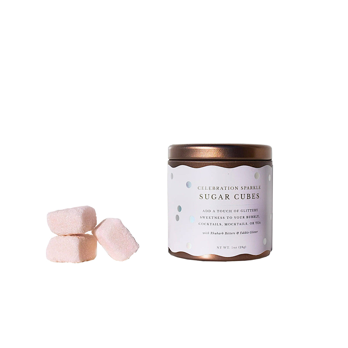 Tin of Celebration Sparkle Sugar Cubes with pink sugar cubes on a white background