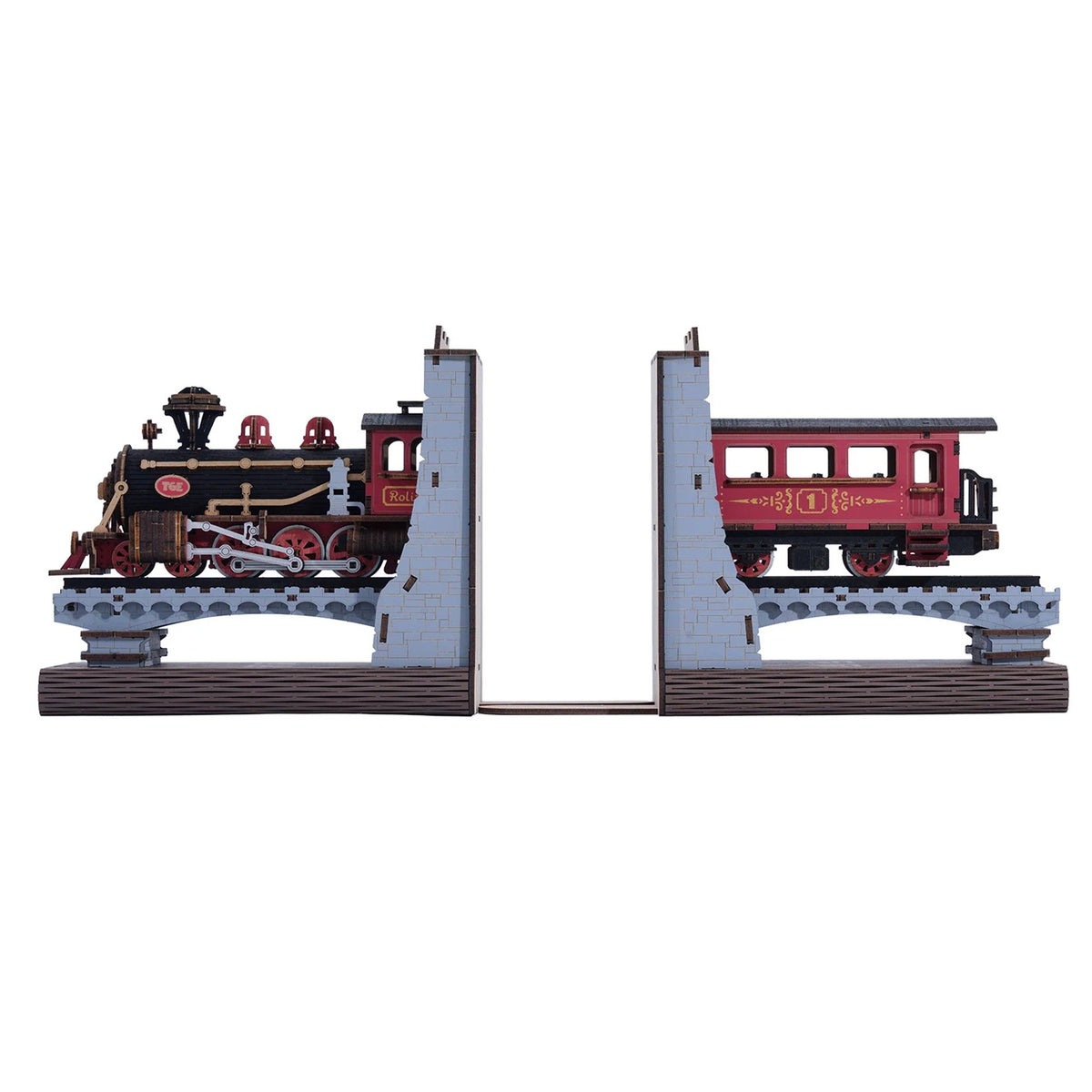 Toy train bookends with a steam locomotive and red car on a white background