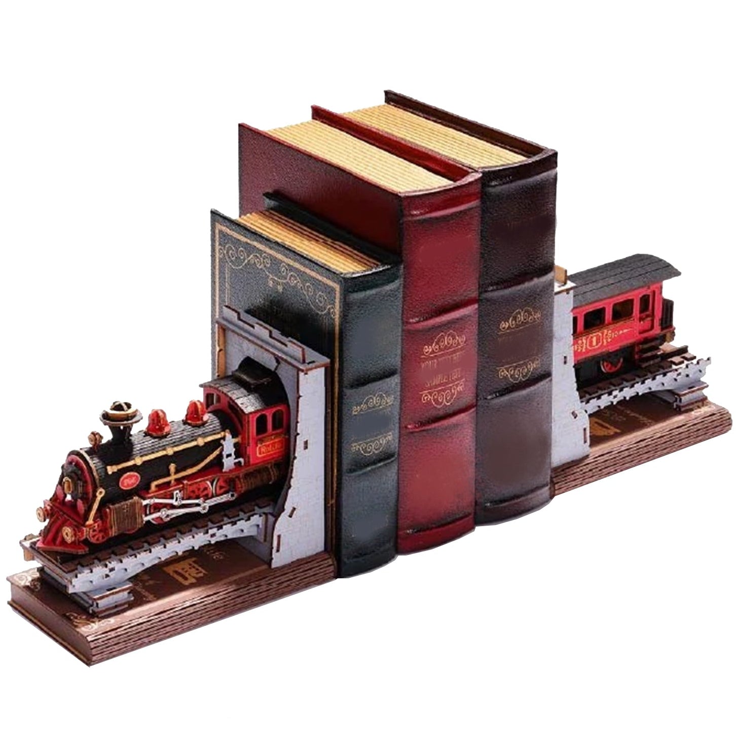 Model train set style bookends with books on a white background