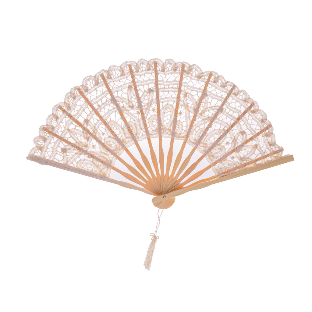 Keep cool whilst looking effortlessly elegant with this pretty champagne lace fan. This traditional hand-fan has a bamboo wood frame, with white champagne lace which is backed with a light organza mesh. A perfect addition to your purse for warm summer evenings. Size when open: 19" x 10".