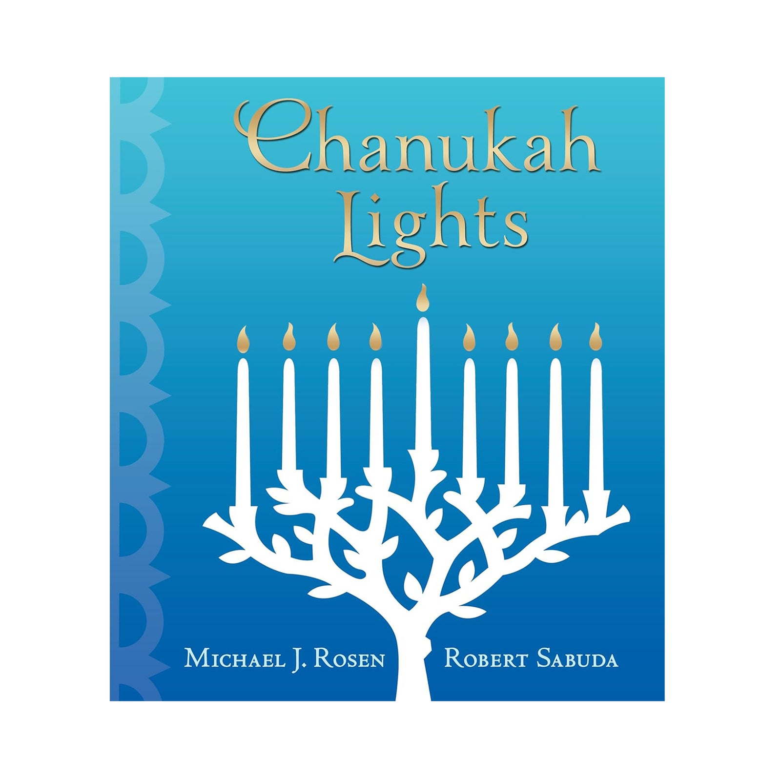 Book cover of 'Chanukah Lights' with a menorah design on a blue background