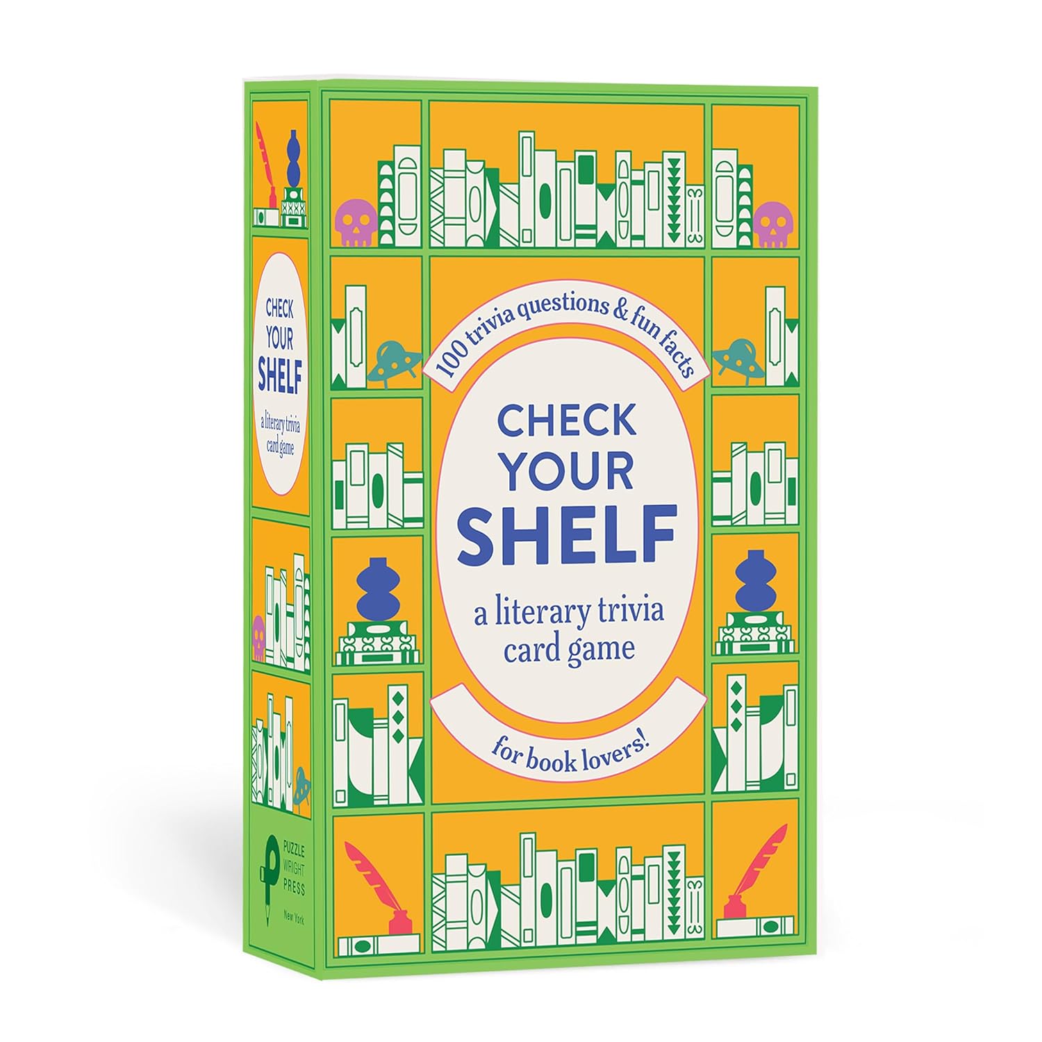 Box of 'Check Your Shelf' literary trivia card game with colorful design