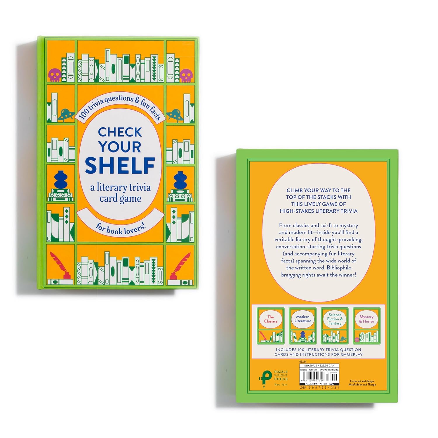 Box of 'Check Your Shelf' literary trivia card game with colorful design