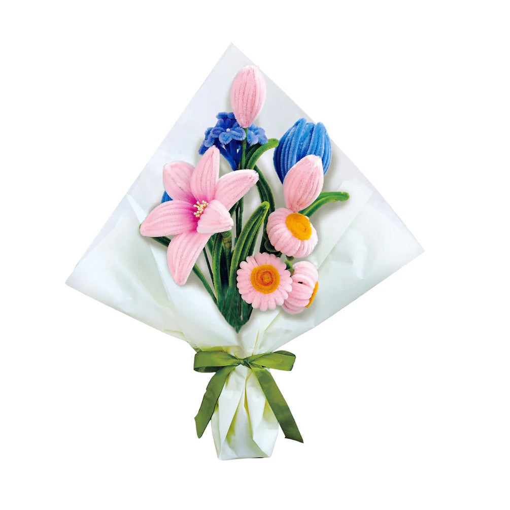 Bouquet of pink and blue chenille flowers with a green ribbon on a white background