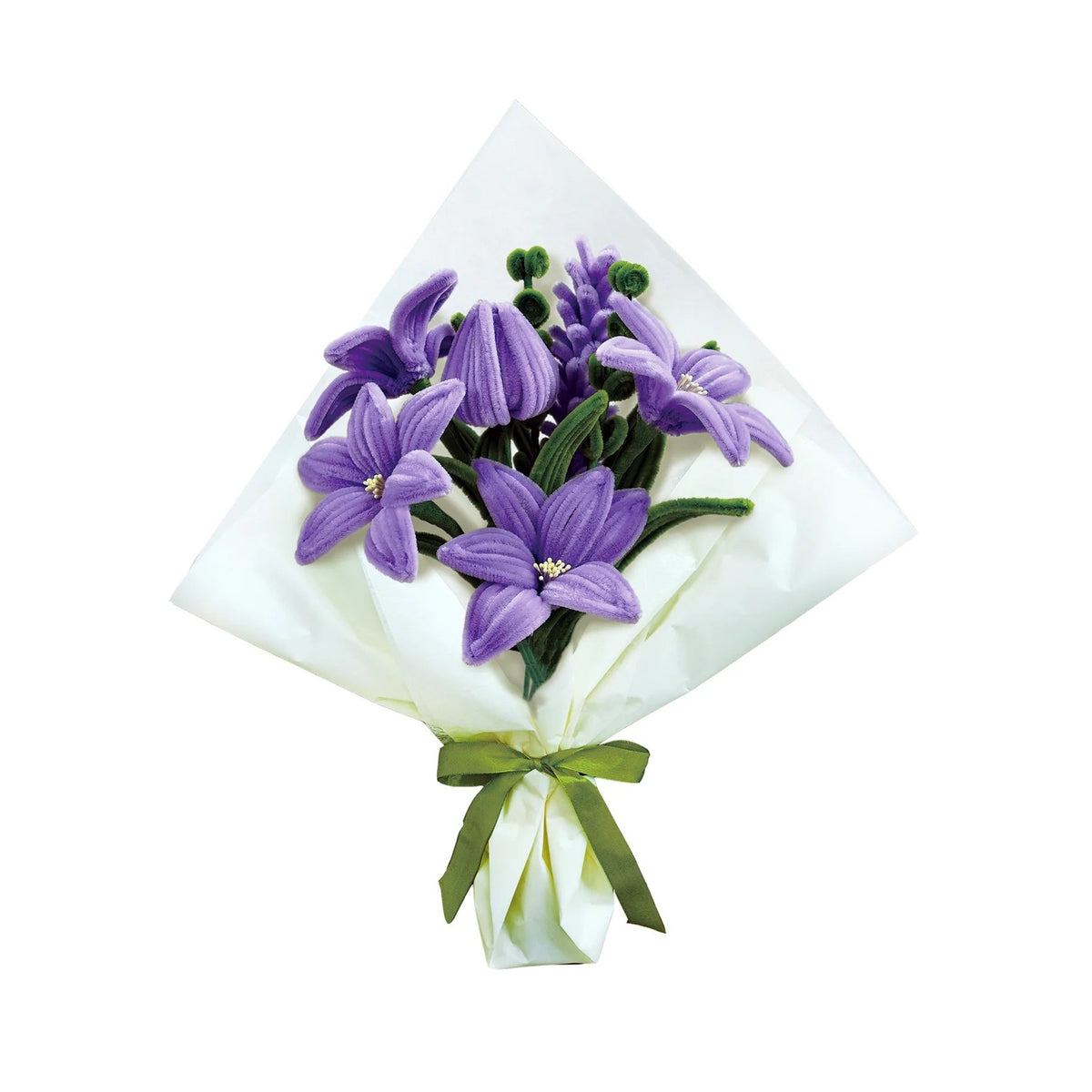 Bouquet of purple chenille flowers with a green ribbon on a white background