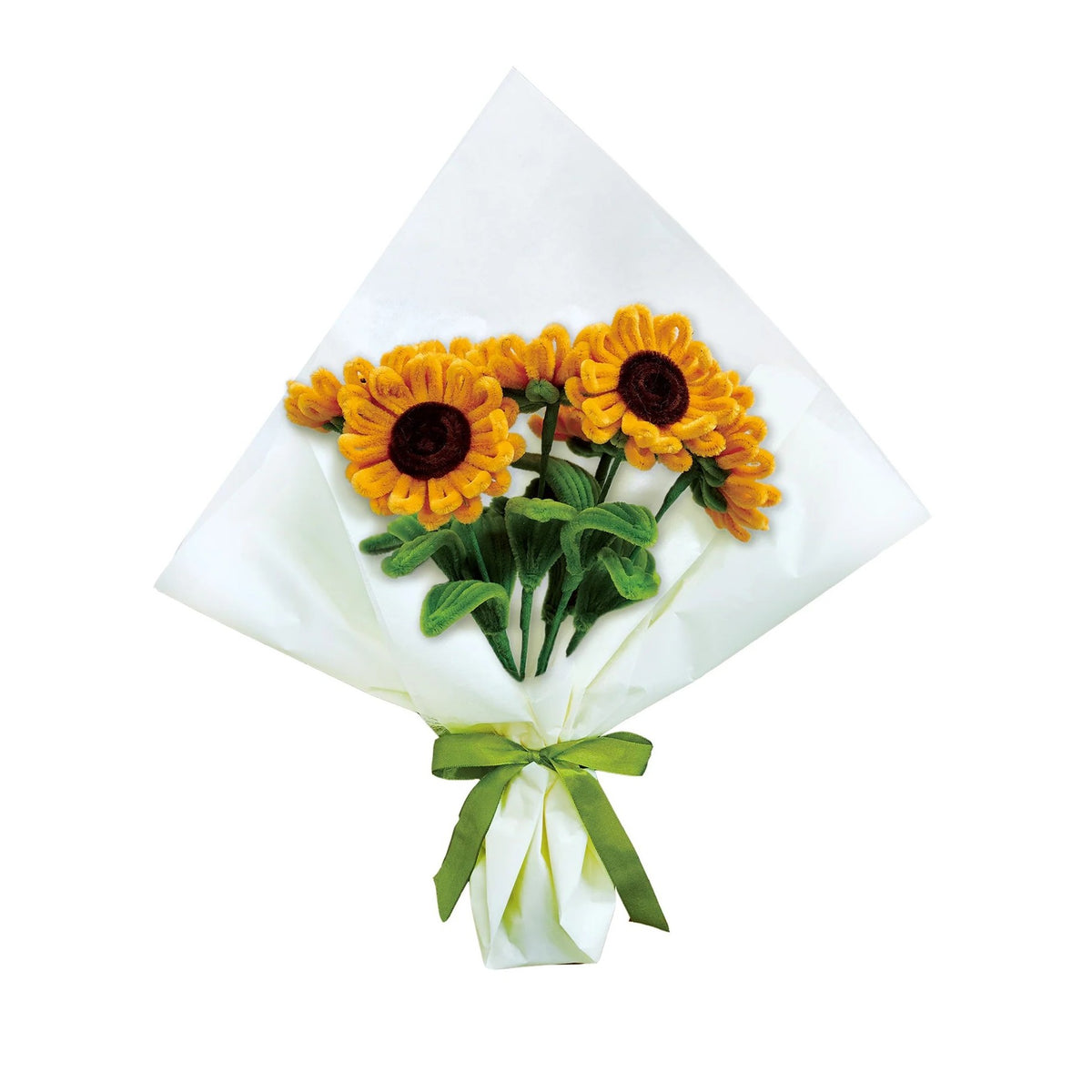 Bouquet of chenille sunflowers wrapped in white paper with a green ribbon on a white background