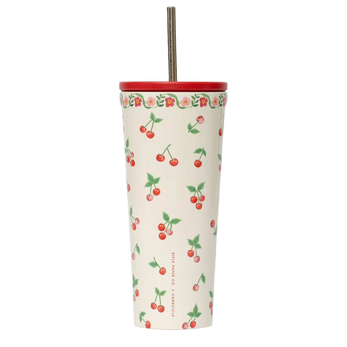 Tumbler with cherry pattern on a white background