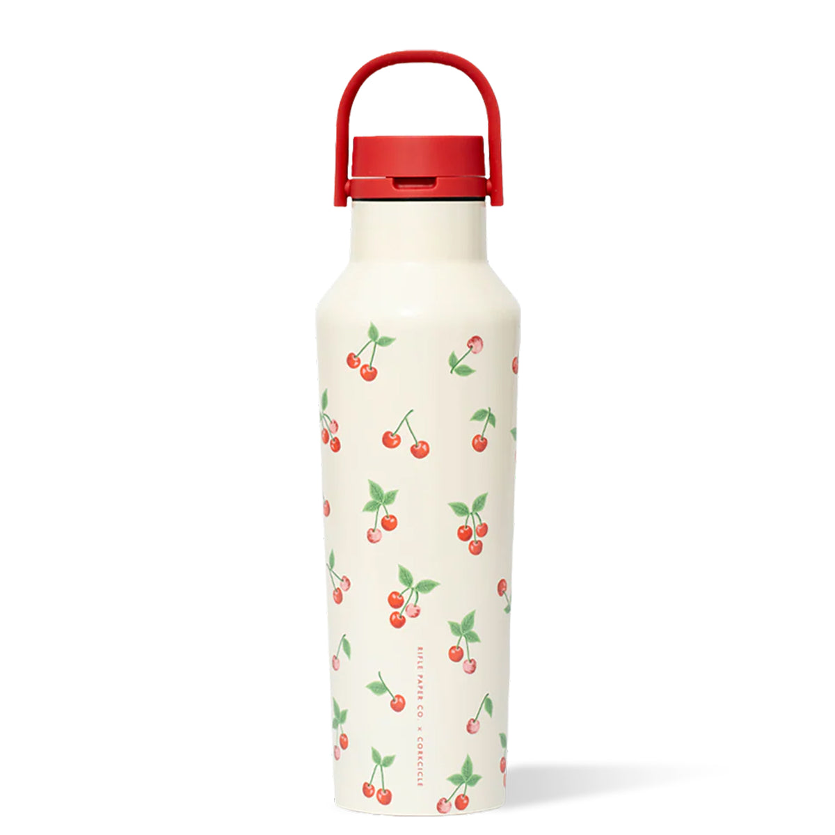 White water bottle with cherry pattern and red lid on a white background