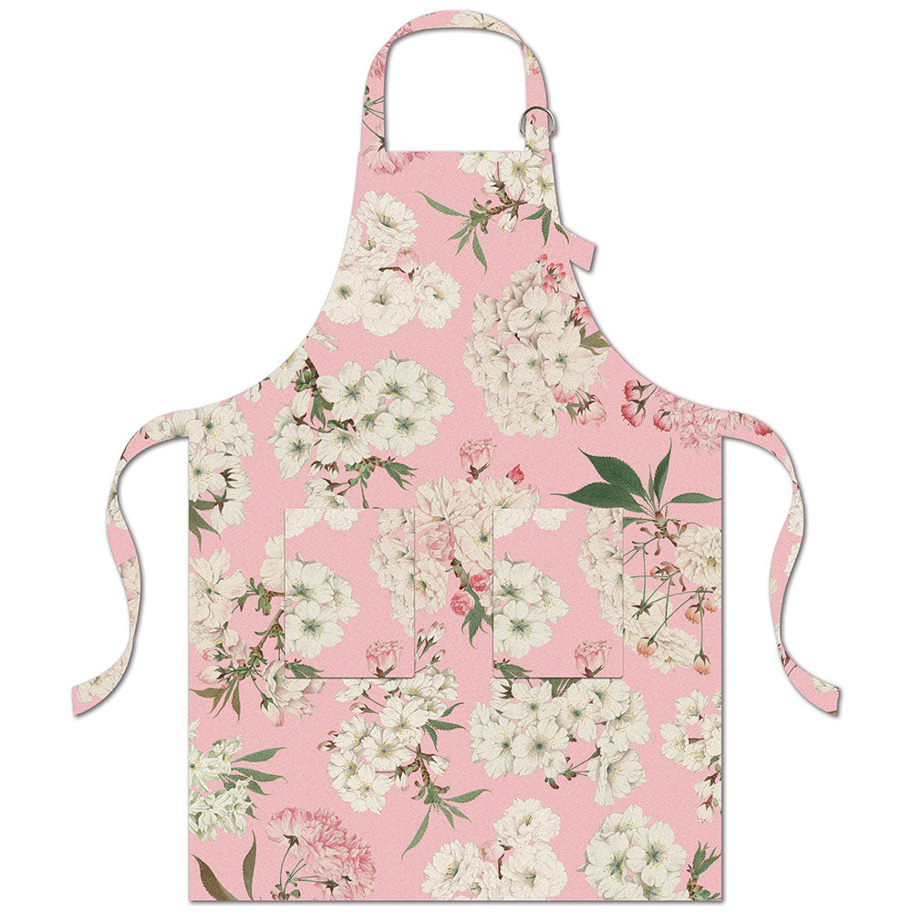 Add a hint of spring to your kitchen every day of the year with this cherry blossom print apron. This durable, 100% cotton apron features two handy front pockets and an adjustable neck closure. 100% cotton apron Adjustable 'D-ring' neck closure Two front pockets Dimensions: 32" x 27"