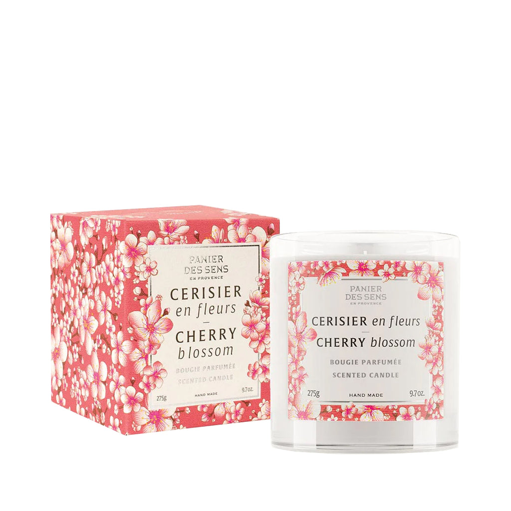 The delicately musky cherry blossom fragrance reveals voluptuous, elegant notes that will transport you to an orchard in bloom. This decadent candle will fill your home with luxurious fragrance for up to 50 hours. 100% natural wax and cotton wick. Natural scented oil.  Handcrafted. Vegan 9.7 oz. Dimensions: 3.3" x 4".
