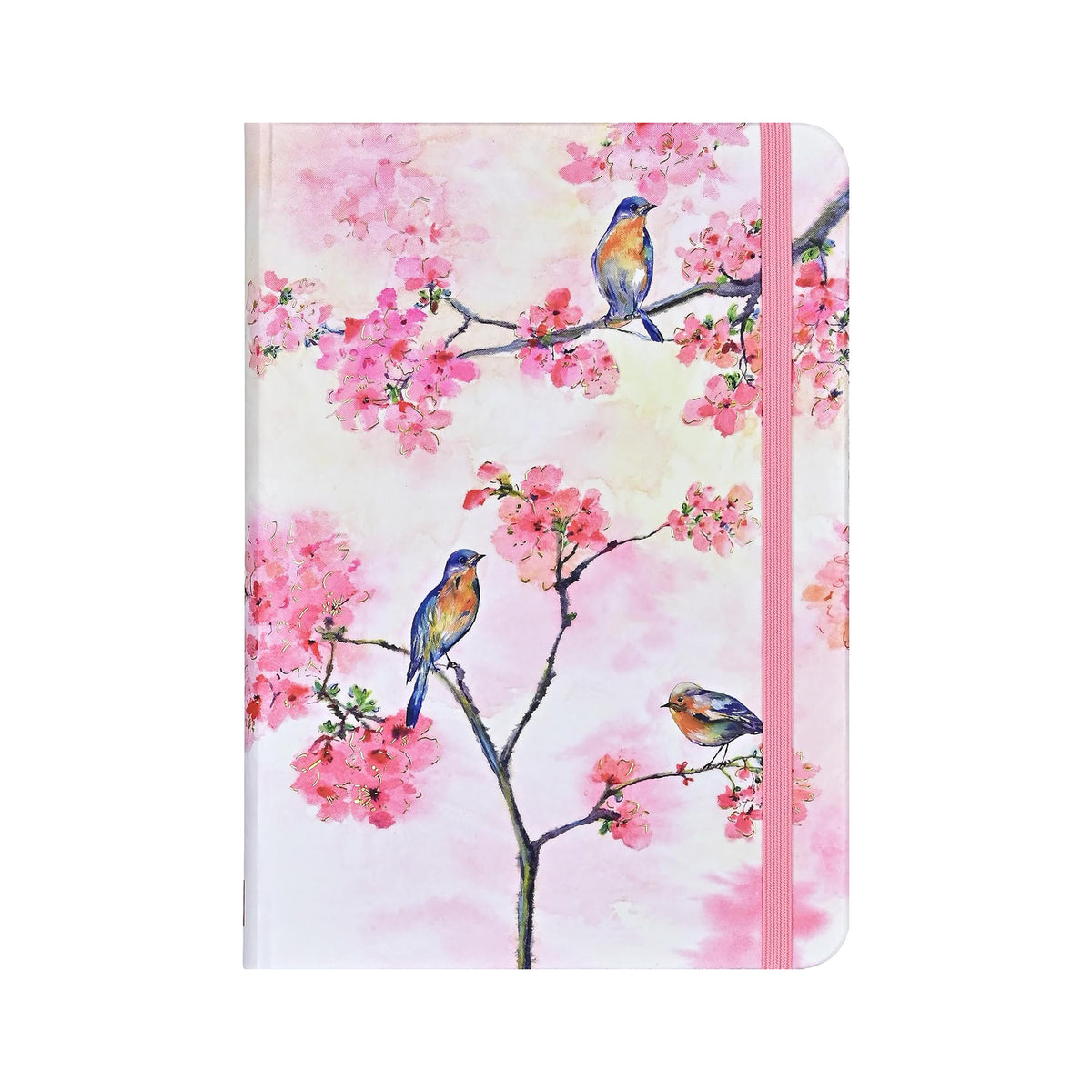 Notebook with cherry blossom design and birds on a white background