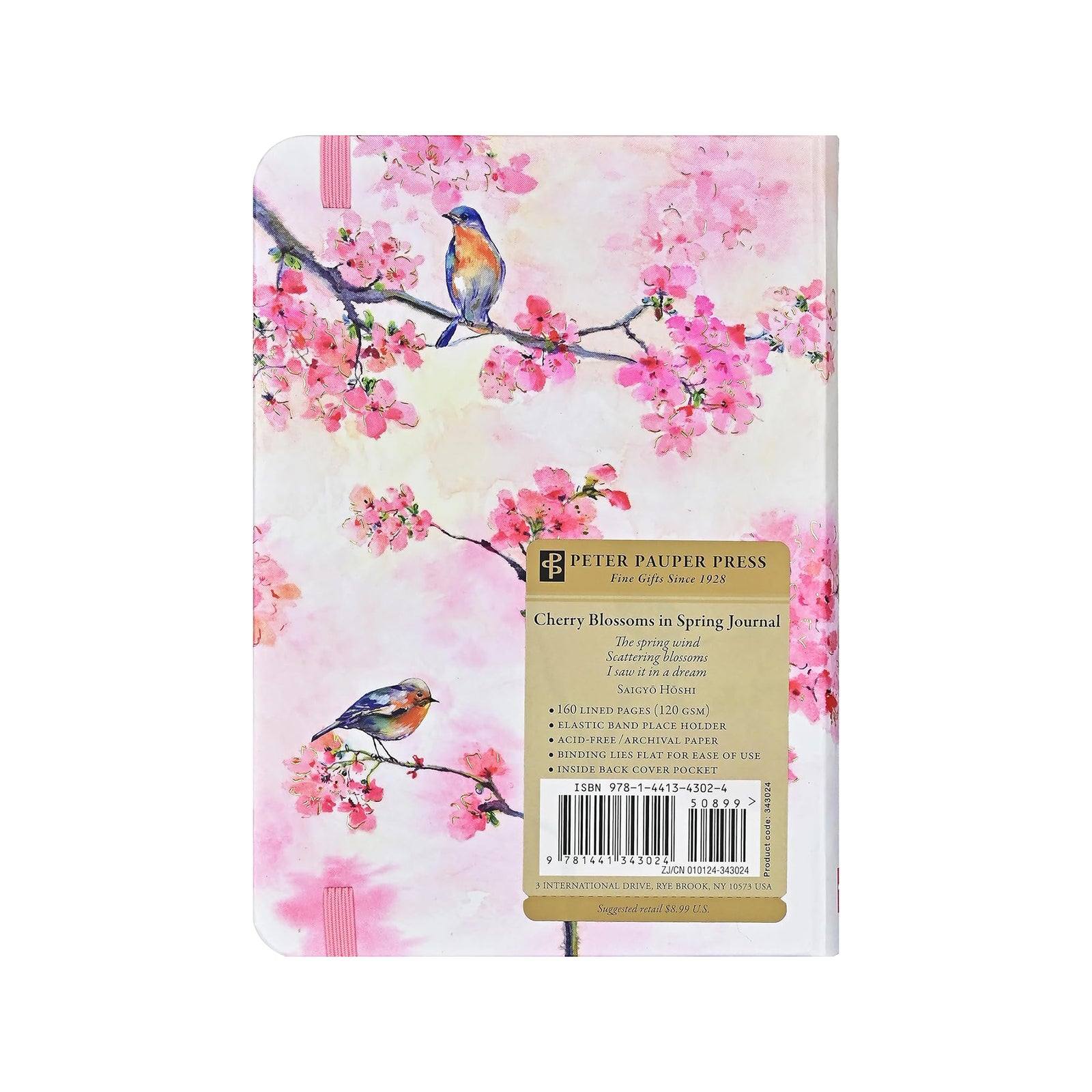 Notebook with cherry blossom design and birds on a white background