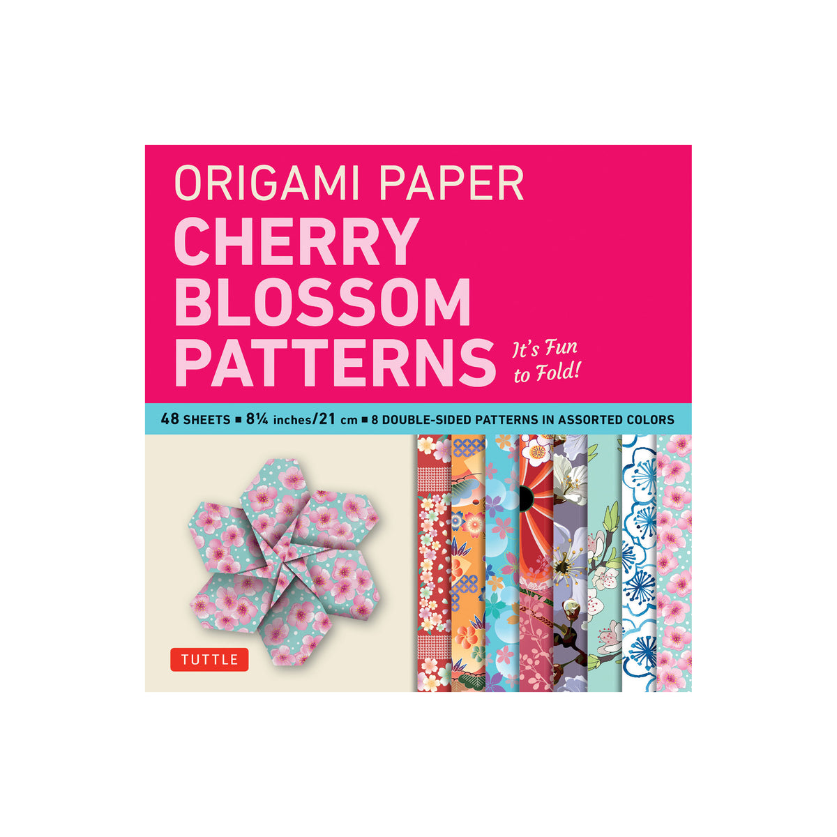 Tuttle Origami Paper Cherry Blossom origami paper book featuring a bright pink cover with white text, a sample folded paper flower, and a strip preview of the assorted floral patterned sheets inside.