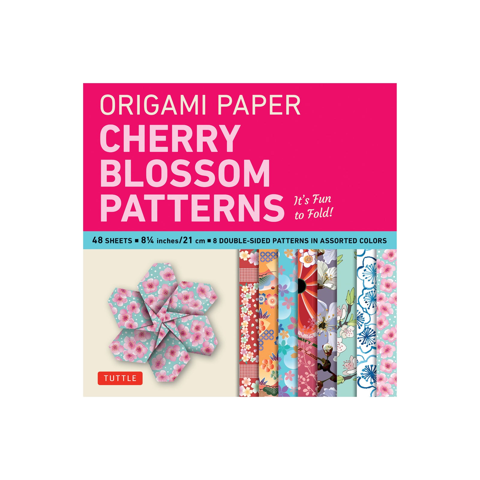 Tuttle Origami Paper Cherry Blossom origami paper book featuring a bright pink cover with white text, a sample folded paper flower, and a strip preview of the assorted floral patterned sheets inside.