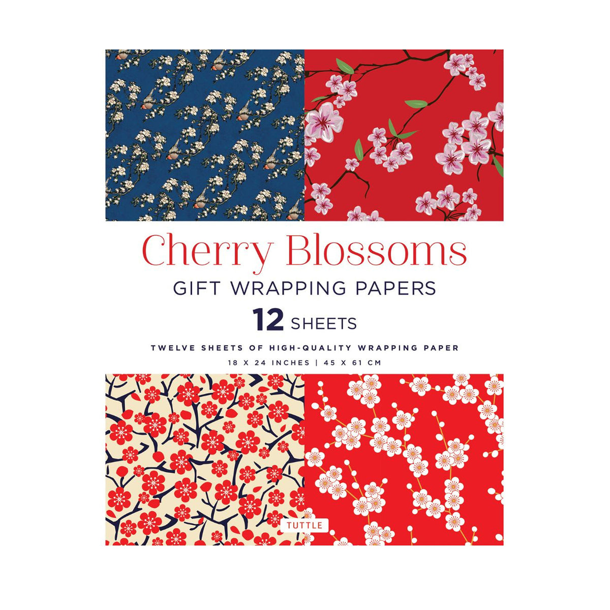Pack of cherry blossom-themed gift wrapping papers with red, blue, and white designs on a white background.