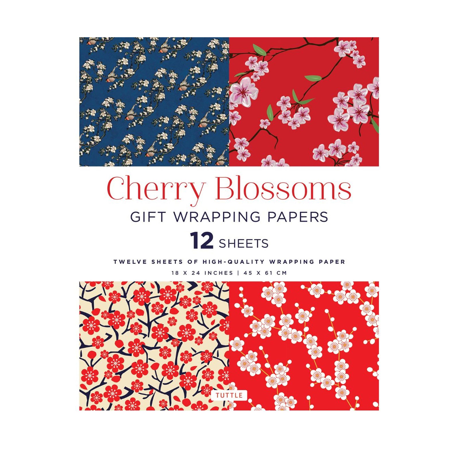 Pack of cherry blossom-themed gift wrapping papers with red, blue, and white designs on a white background.
