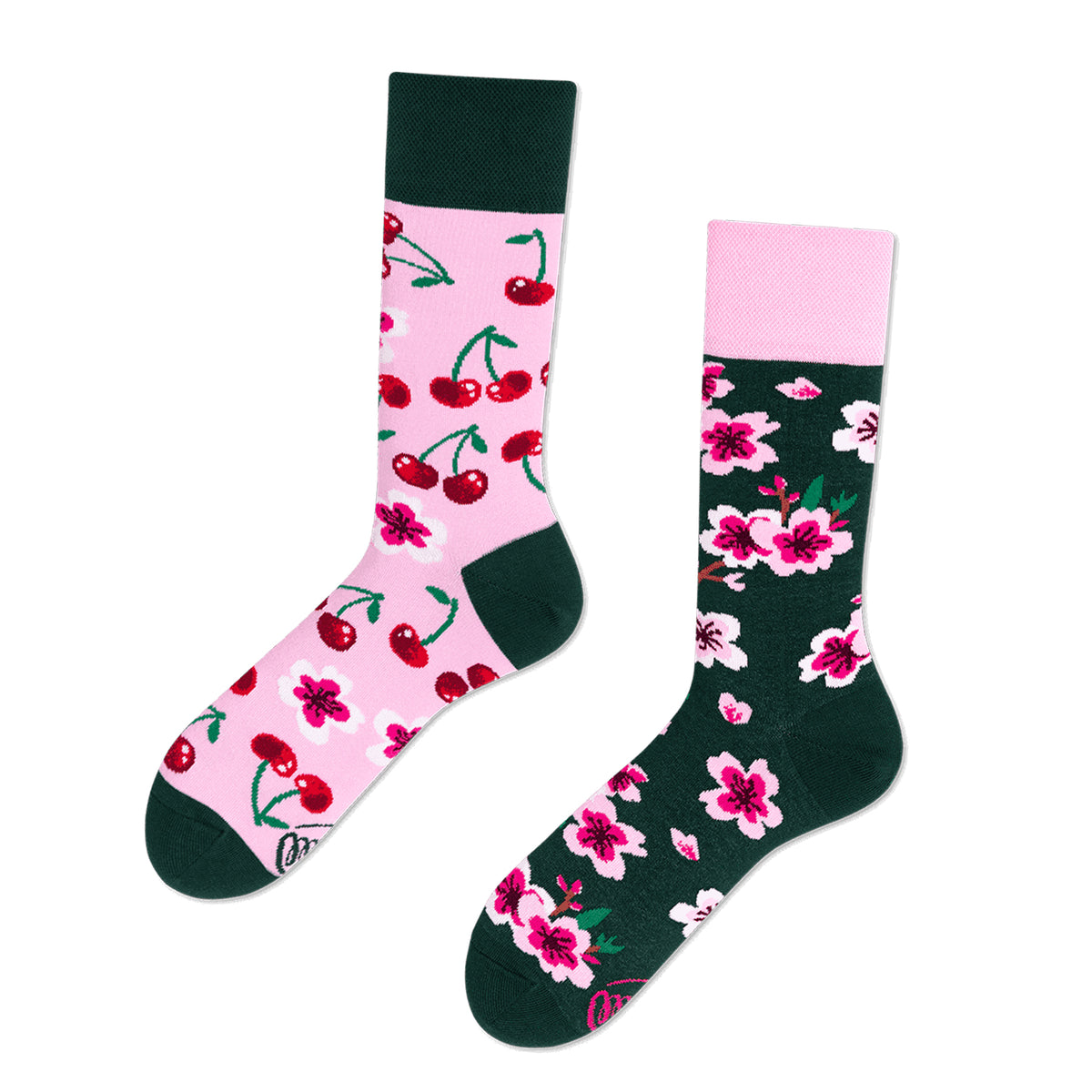 Two socks with cherry and floral patterns on a white background