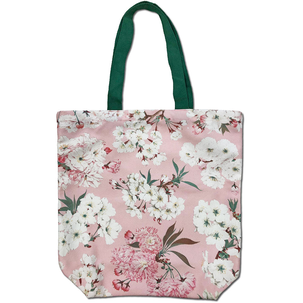 On February 14, 1912, a shipment of 3,020 cherry trees of twelve varieties was sent as a gift of friendship to the city of Washington D.C. from the city of Tokyo, Japan.  Eleven of those varieties are represented in the illustrations on this tote. 100% polyester canvas body, cotton handles. 15.'" x 15.5". Handles: 20".