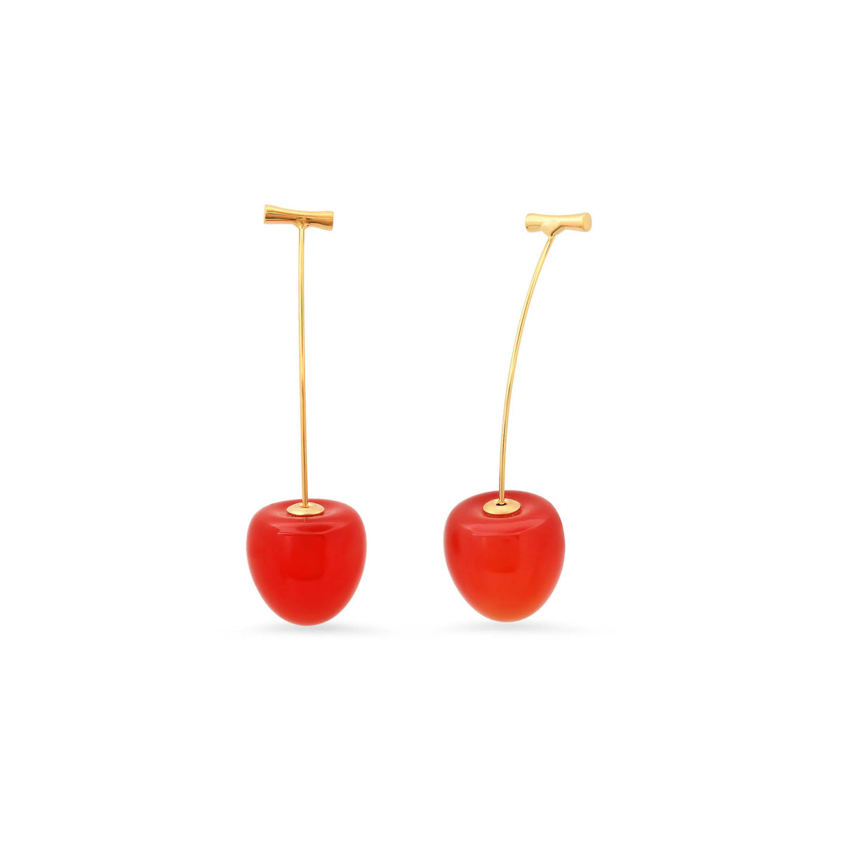 Red cherry-shaped earrings with gold stems on a white background