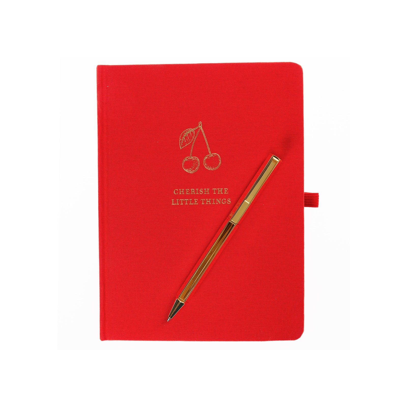 Red notebook with a gold pen on a white background