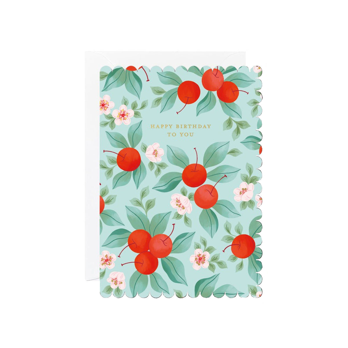 Birthday card with cherry design on a light blue background