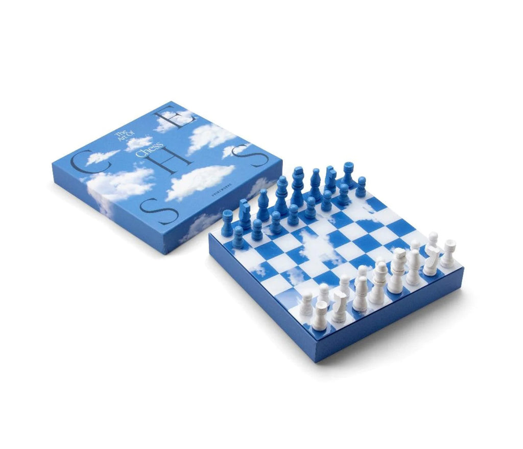 A beautiful special edition chess set in a spectacular cloud design. The pieces and board are made of wood and a thin layer of acrylic is mounted on the board’s surface giving the pieces an effective reflection. The box is made of high-quality art paper with a printed cloud formation.  9,84" x 9,84" x 1,77 ".