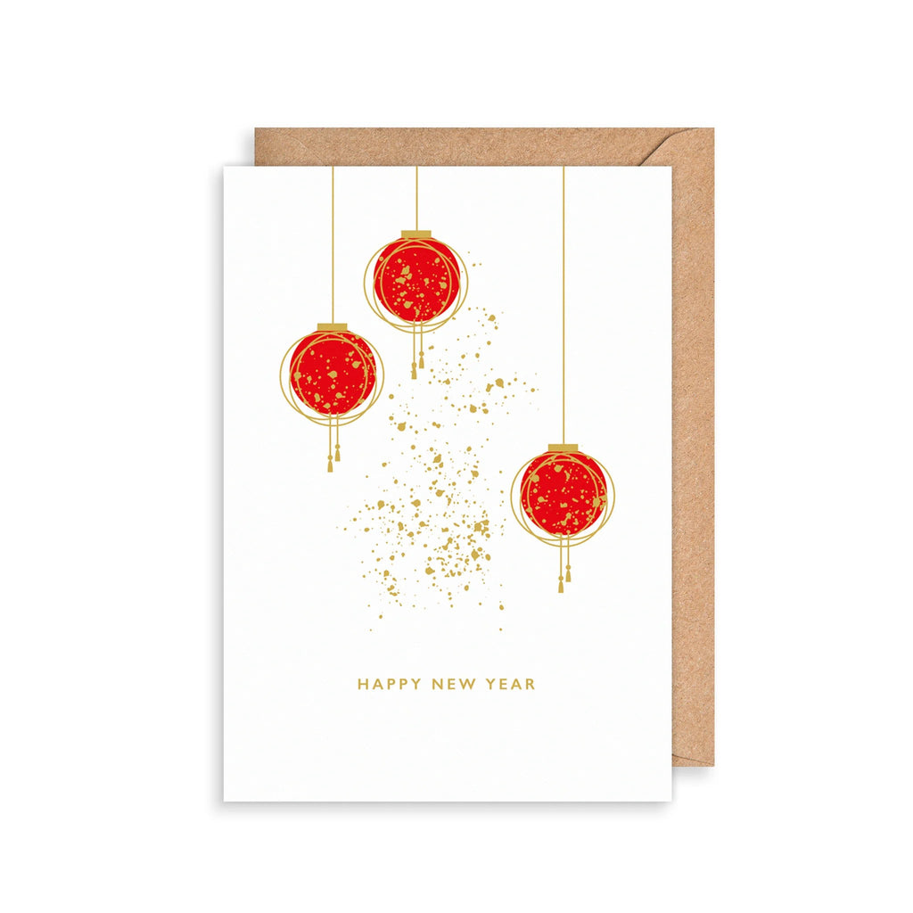 Send best wishes for the Lunar New Year with this pretty greeting card. This beautiful white card features red lanterns spilling with light. The card reads 'Happy New Year'. Greeting card with gold foil embossed details. Envelope included. Dimensions: 6" x 4". Blank inside for your own message.
