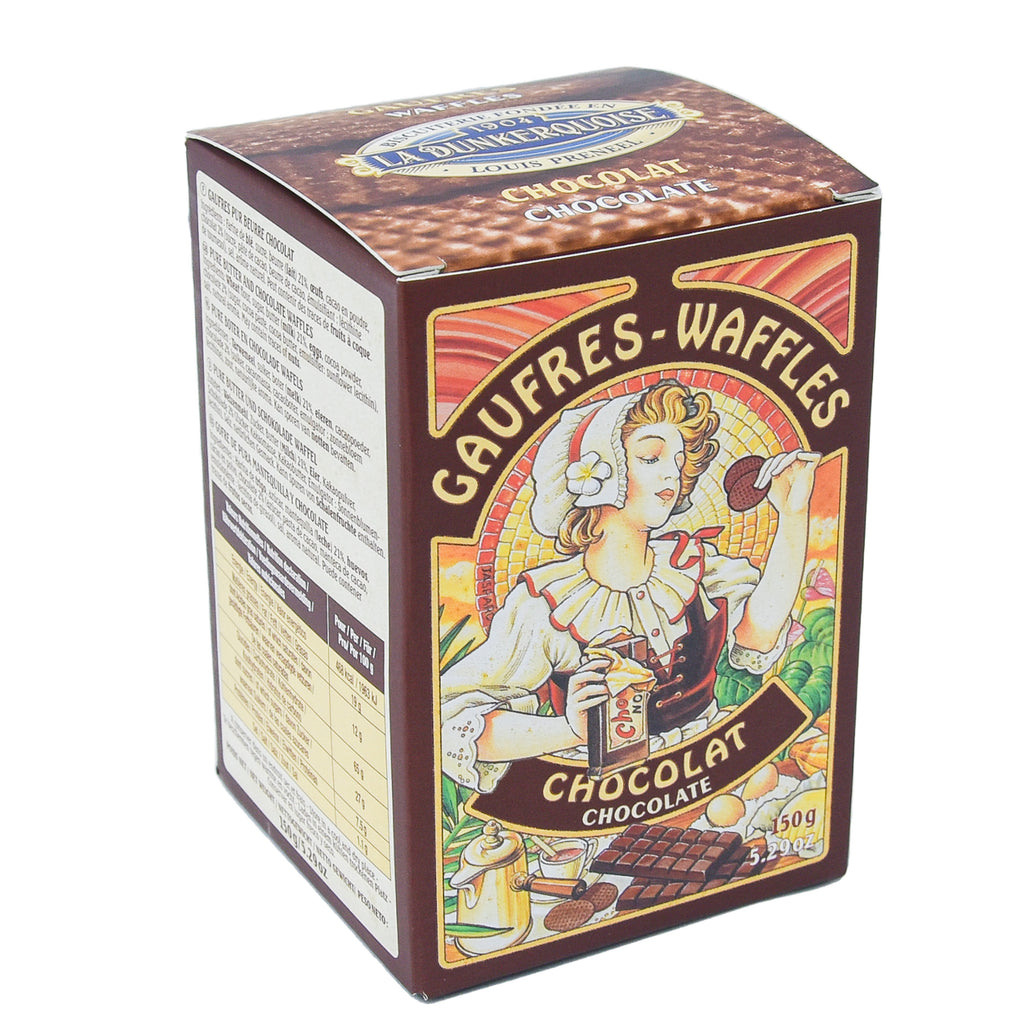 Discover the Fine Chocolate Waffles from Biscuiterie La Dunkerquoise. These pure butter waffles are the perfect accompaniment to desserts. Whether with ice-cream or the meltiest of chocolate mousses, these waffles will please all gourmets, young and old. 18 butter waffles in a giftable box. 5.29 oz.