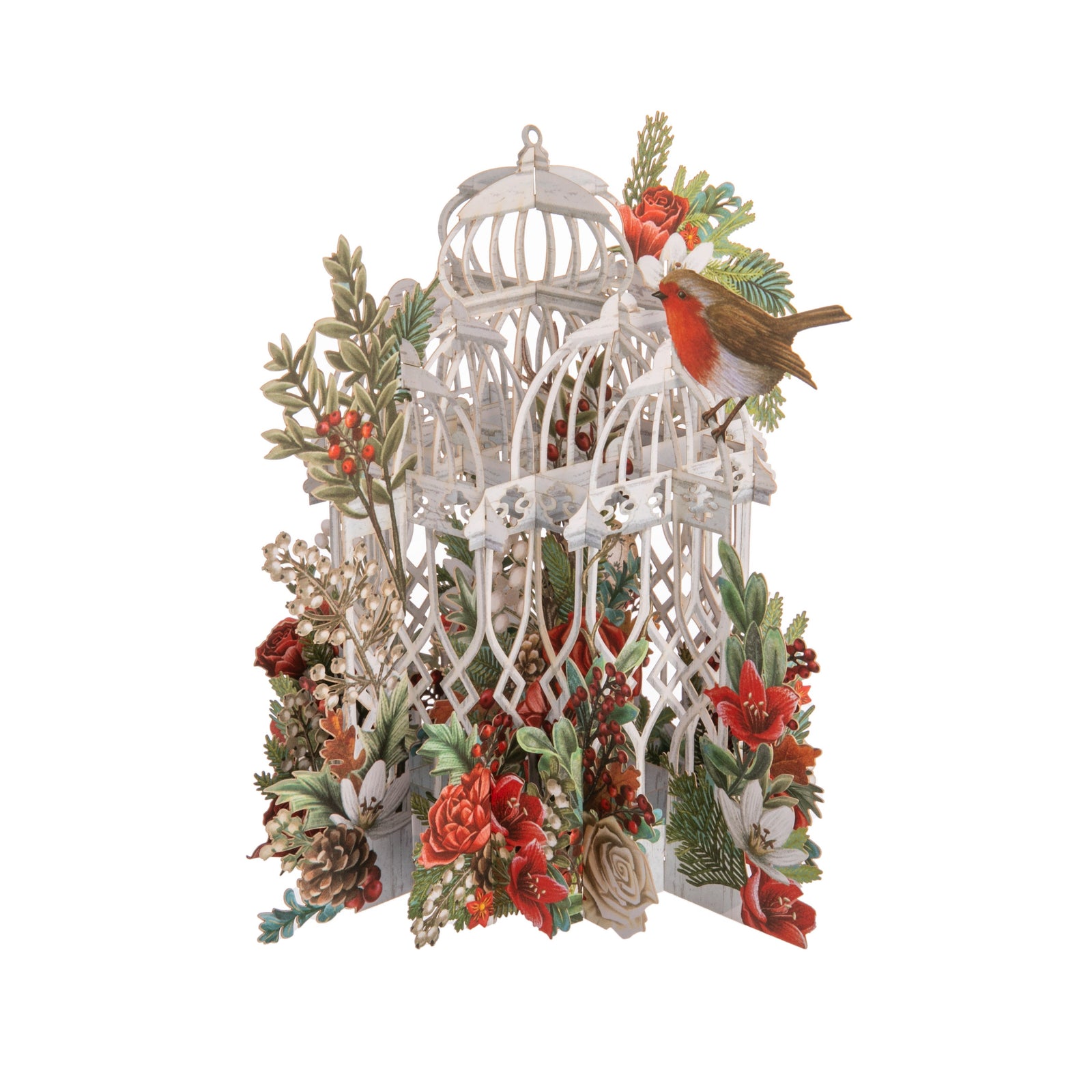 Decorative white birdcage pop up Christmas card with floral and bird decorations on a white background