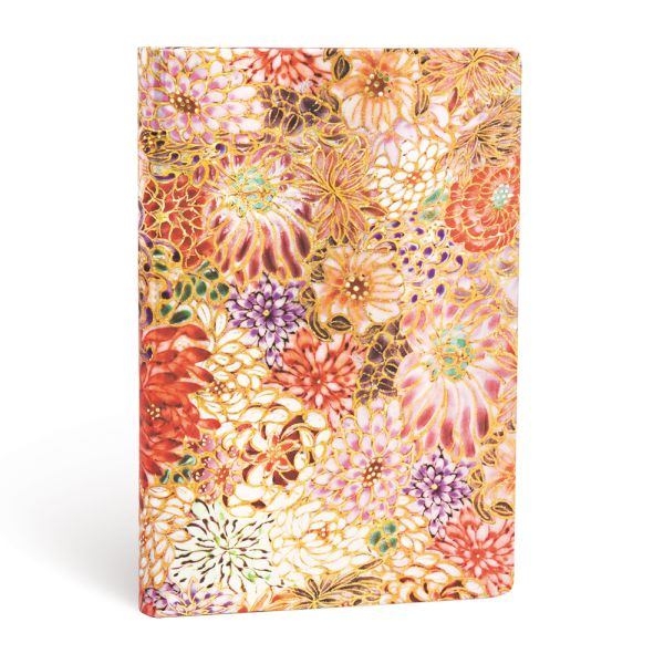 This beautiful, lined paper journal features artist Michiko Kamee’s “full of chrysanthemum” design on the cover. This design was originally hand painted with gold overglaze and color on china by employing Kyo-Satsuma.  240, cream colored, lined pages 100 GSM. Flexible cover and spine - pages lie flat. 7" x 9" x 3/4"