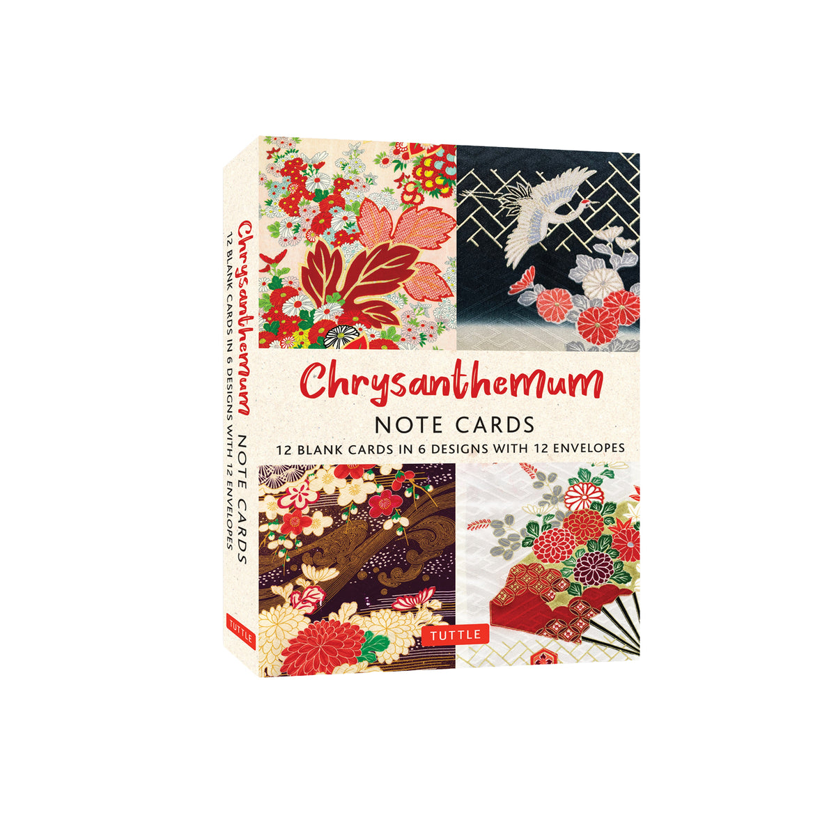 Box of Chrysanthemum note cards with floral designs on a white background