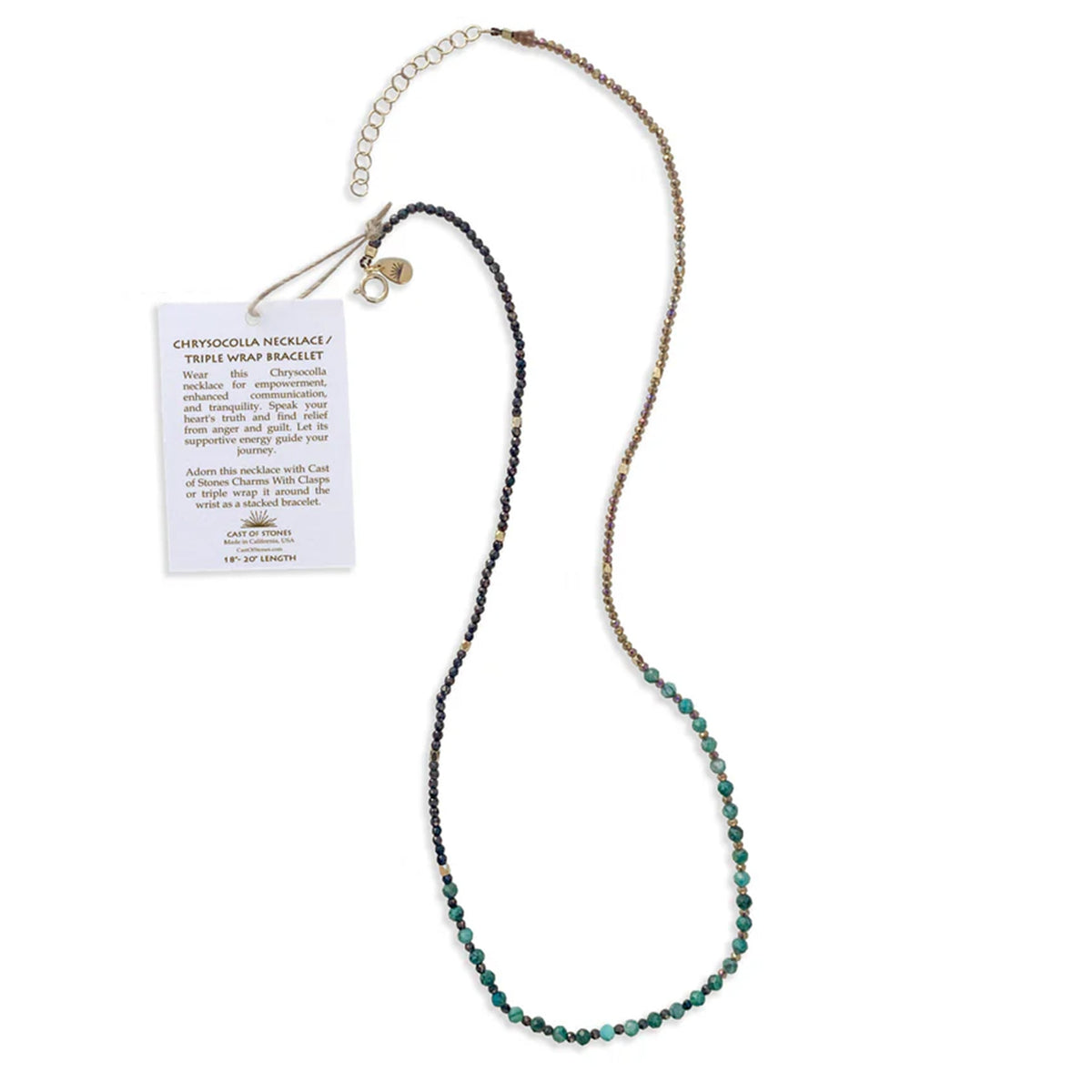 Beaded necklace with a card on a white background