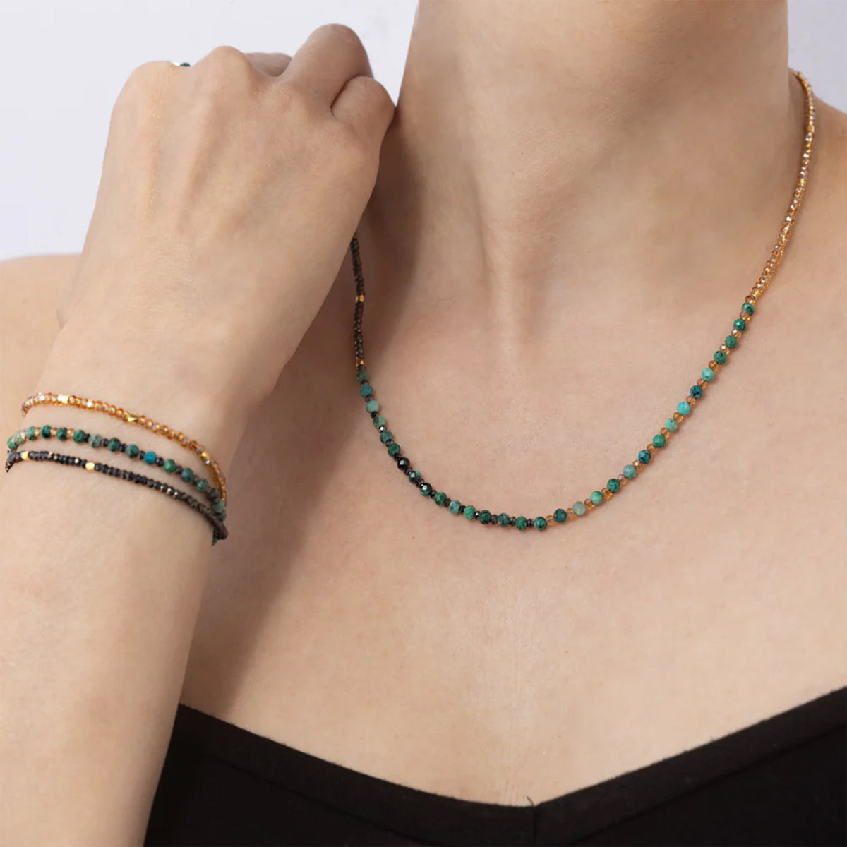 CHRYSOCOLLA GEMSTONE NECKLACE / TRIPLE WRAP BRACELET