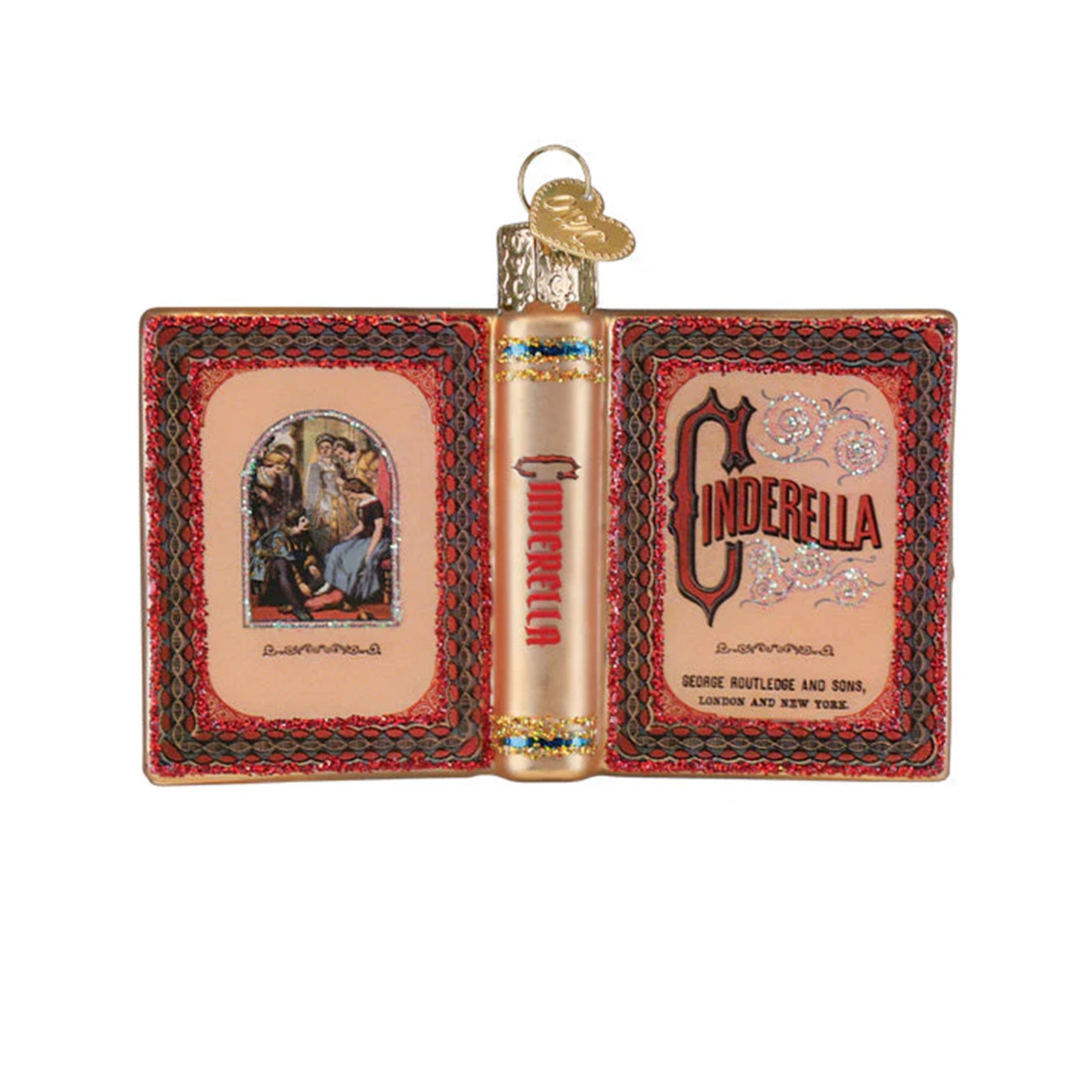 Decorative ornament shaped like an open book with Cinderella's carriage and glass slipper on a white background