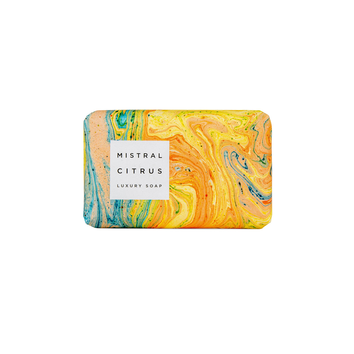 Marbled soap bar with 'Mistral Citrus' label on a white background